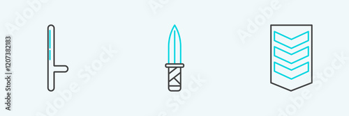 Set line Military rank, Police rubber baton and knife icon. Vector