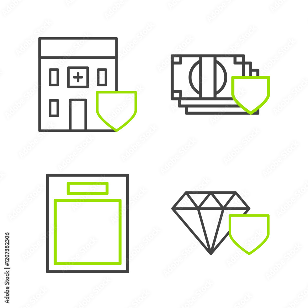 Set line Diamond with shield, Empty form, Money and Medical hospital building icon. Vector Set line Diamond with shield, Empty form, Money and Medical hospital building icon. Vector