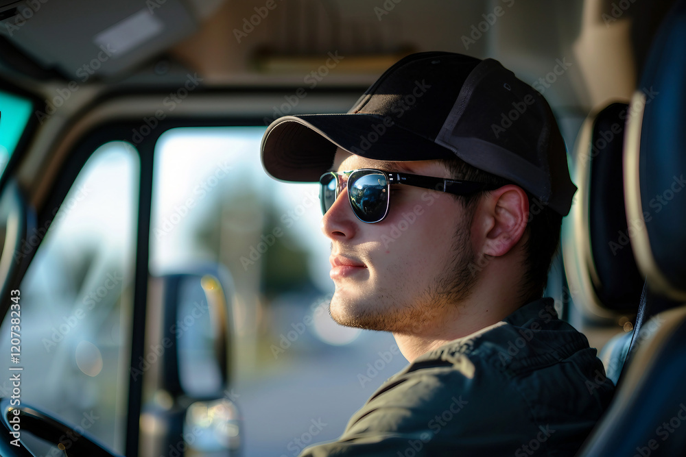 Generative AI image of long-haul truck driver male female large transport vehicle shipment Generative AI image of long-haul truck driver male female large transport vehicle shipment