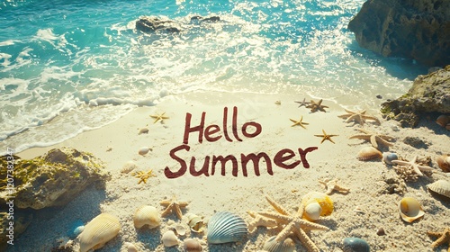 Hello Summer Beach Scene: Starfish, Seashells, and Ocean Waves