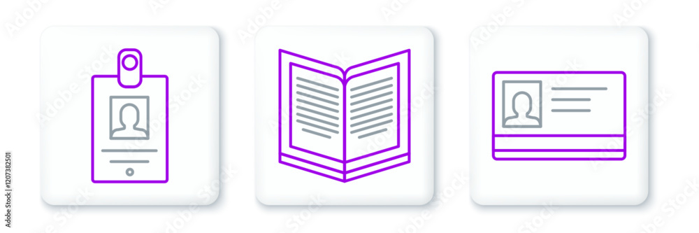 Set line Identification badge, and Open book icon. Vector Set line Identification badge, and Open book icon. Vector