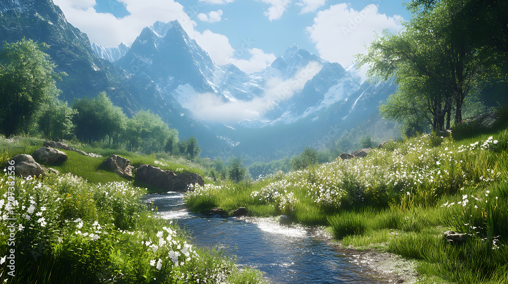 Fototapeta premium Scenic Mountain Landscape with Stream and Wildflowers in Nature