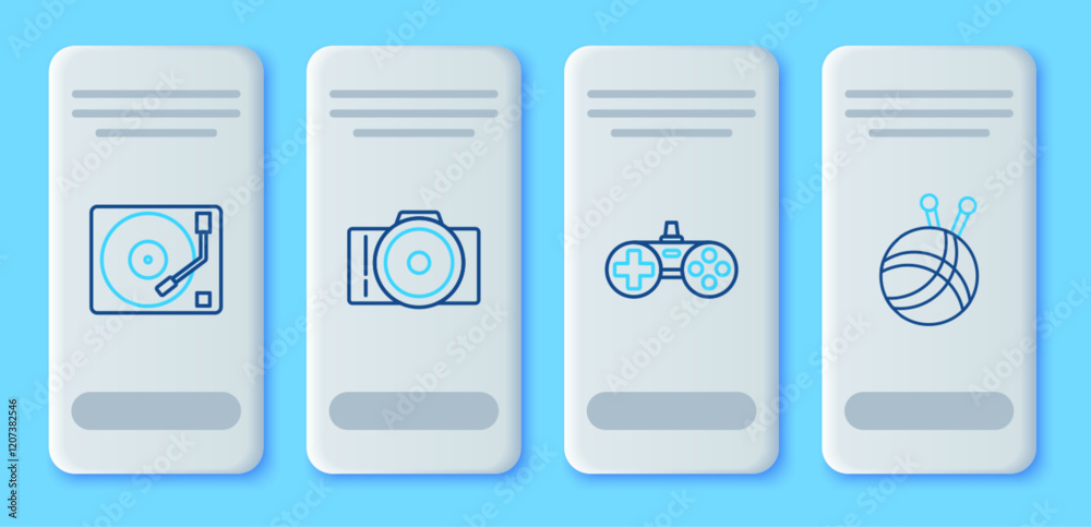 Set line Photo camera, Gamepad, Vinyl player with vinyl disk and Yarn ball knitting needles icon. Vector Set line Photo camera, Gamepad, Vinyl player with vinyl disk and Yarn ball knitting needles icon. Vector