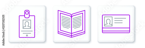 Set line Identification badge, and Open book icon. Vector