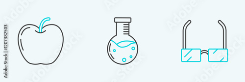 Set line Glasses, Apple and Test tube and flask chemical laboratory icon. Vector