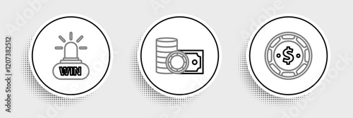 Set line Casino chip with dollar, win and chips and stacks money cash icon. Vector