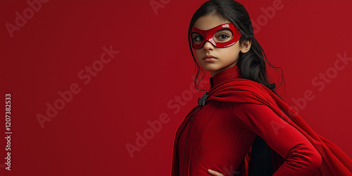 Heroic young girl in red cape and mask studio setting portrait photography dramatic lighting empowerment concept