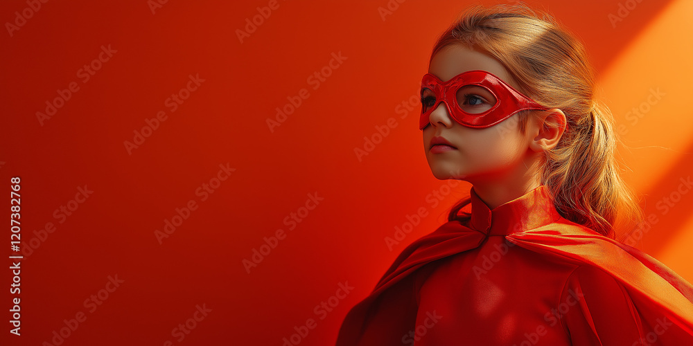 Heroic child in red costume studio setting portrait photography vibrant orange background close-up view imagination and playfulness Heroic child in red costume studio setting portrait photography vibrant orange background close-up view imagination and playfulness