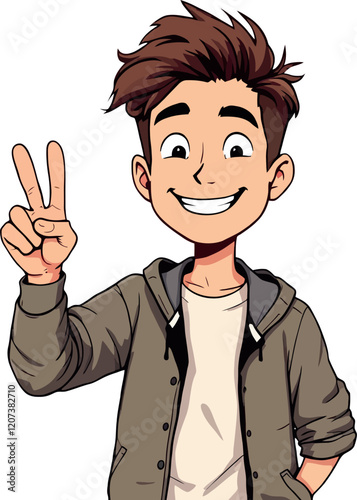 Young man showing victory sign with two fingers and smiling