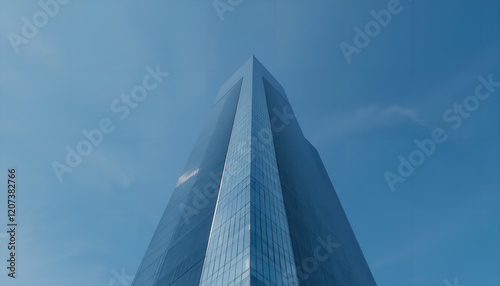 Modern glass skyscraper piercing the vibrant blue sky, low angle view.