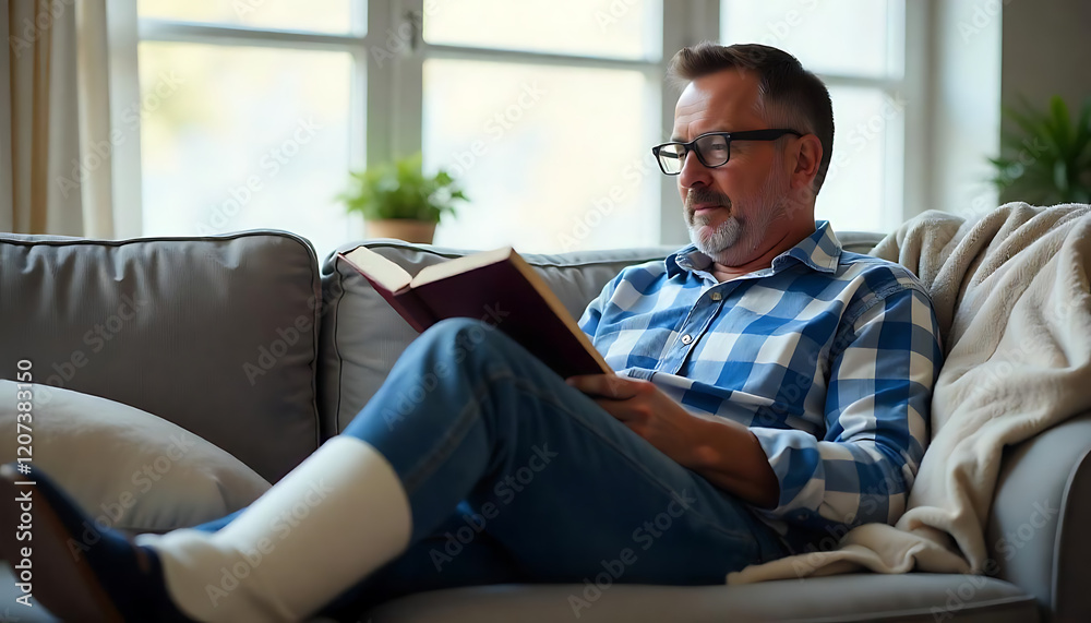 A middle-aged Caucasian sitting on a couch, with his leg in a cast propped up on a footrest, Man with an injured leg in a cast, created with generative ai A middle-aged Caucasian sitting on a couch, with his leg in a cast propped up on a footrest, Man with an injured leg in a cast, created with generative ai