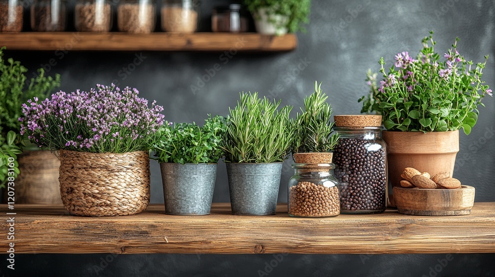 Fototapeta premium Herbs and Spices in Rustic Pots on a Wooden Shelf