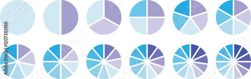 Pie chart set. Circle section graph. Pie chart divided 1,2,3,4,5,6,7,8,9,10,11,12 equal parts. Infographic wheel segment or section parts. Circle division infographic icon set. Vector illustration
