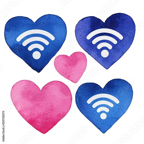 A colorful watercolor illustration of hearts with Wi-Fi symbols, symbolizing love and connectivity in the digital age.