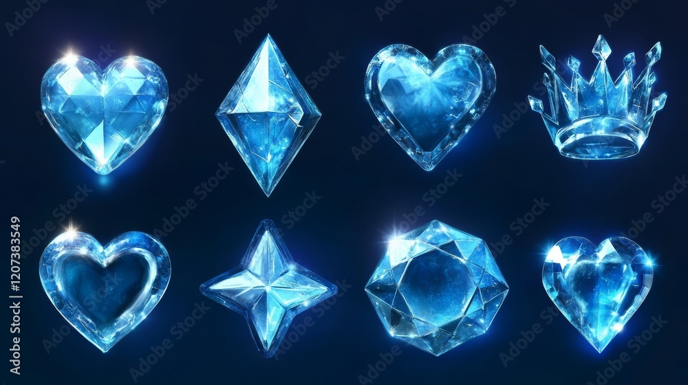 Fototapeta premium Game icons of diamond crystals in abstract, star, heart, and crown shape. Vector cartoon set of blue shiny gems or stones of glass, ice or rhinestone isolated on background