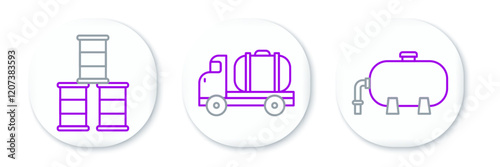 Set line Oil industrial factory building, Barrel oil and Tanker truck icon. Vector