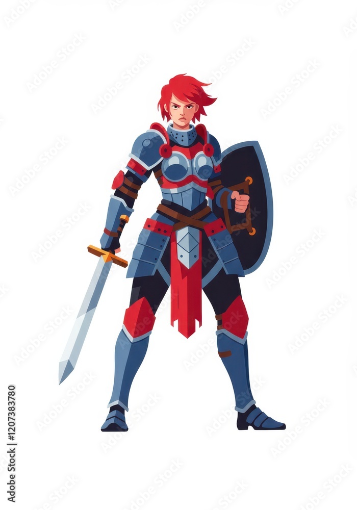 Animated female warrior in armor holding sword and shield Animated female warrior in armor holding sword and shield