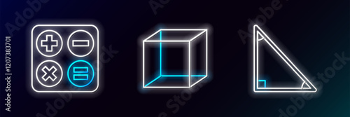 Set line Triangle math, Calculator and Geometric figure Cube icon. Glowing neon. Vector