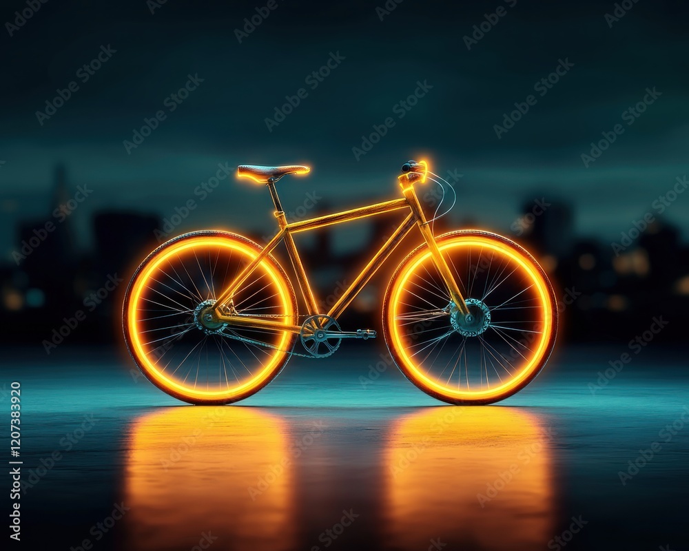 Fototapeta premium Neon Bicycle with Glowing Outline in Urban Nightscape Setting