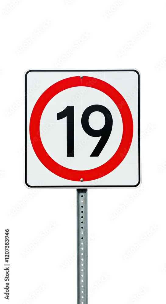 19 Sign Isolated Image of a White Square Sign with a Red Circle and the Number 19 in Black, Mounted on a Metal Pole Against a White Background, Suitable for Traffic, Transportation. 19 Sign Isolated Image of a White Square Sign with a Red Circle and the Number 19 in Black, Mounted on a Metal Pole Against a White Background, Suitable for Traffic, Transportation.