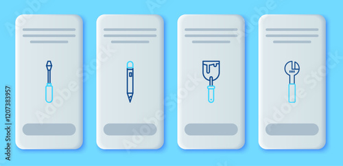 Set line Pencil with eraser, Putty knife, Screwdriver and Adjustable wrench icon. Vector