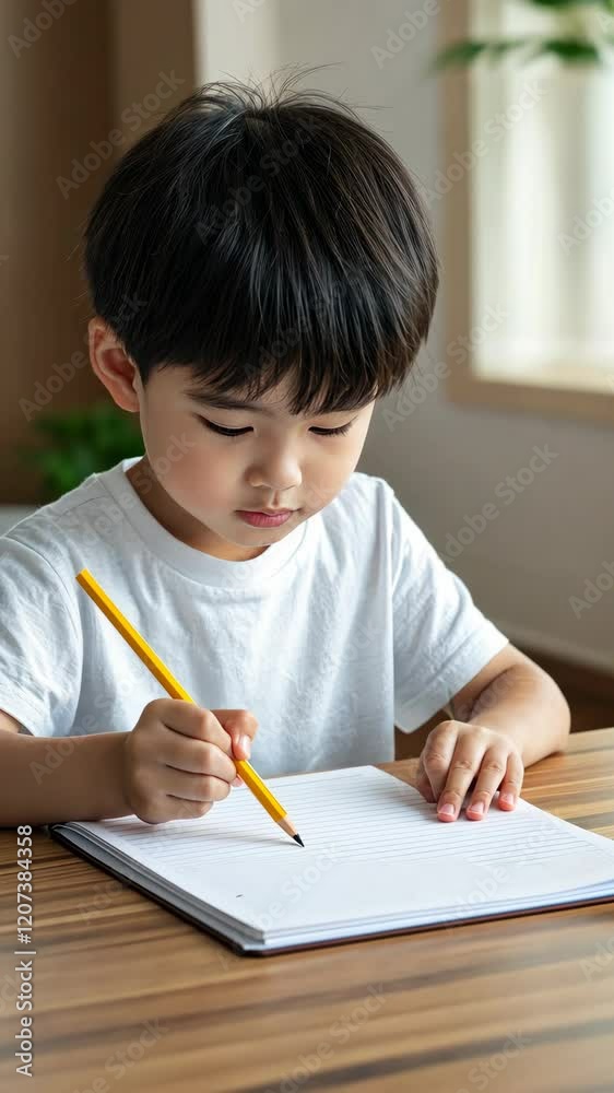 Young boy concentrates on jotting down notes in his notebook at home in the afternoon light Young boy concentrates on jotting down notes in his notebook at home in the afternoon light