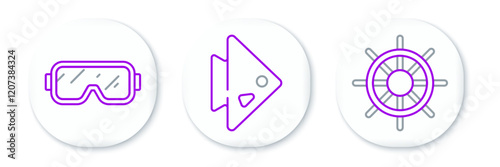 Set line Ship steering wheel, Diving mask and Fish icon. Vector