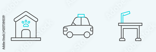 Set line Pet grooming table, Dog house and paw print and car taxi icon. Vector