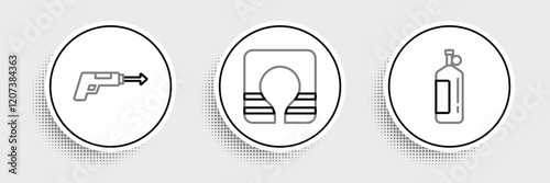 Set line Aqualung, Fishing harpoon and Life jacket icon. Vector