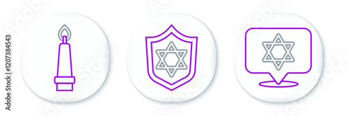 Set line Star of David, Burning candle and Shield with icon. Vector