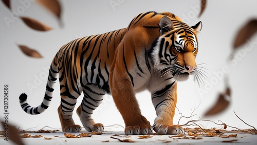 Bengal tiger with muscles, nails, fangs and a ferocious face ready to pounce on its prey photo