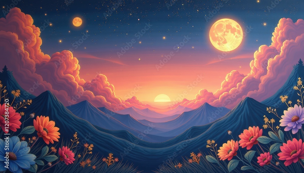 Naklejka premium Surreal Digital Art: Fantasy Landscape at Night with Vibrant Rainbow Flowers Against Majestic Mountains