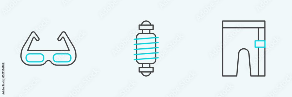 Set line Cycling shorts, Sport cycling sunglasses and Bicycle suspension icon. Vector Set line Cycling shorts, Sport cycling sunglasses and Bicycle suspension icon. Vector