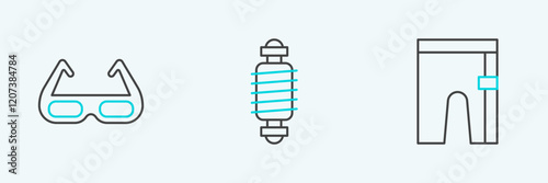 Set line Cycling shorts, Sport cycling sunglasses and Bicycle suspension icon. Vector