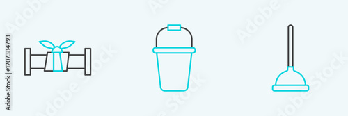 Set line Rubber plunger, Industry metallic pipe and Bucket icon. Vector