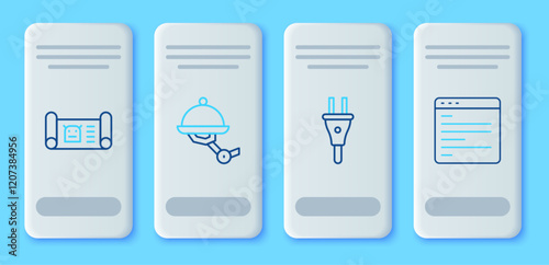 Set line Waiter robot, Electric plug, Robot blueprint and Computer api interface icon. Vector