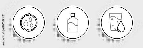 Set line Glass with water, Recycle clean aqua and Big bottle icon. Vector