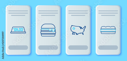 Set line Burger, USA map, Taxi car roof and Sandwich icon. Vector