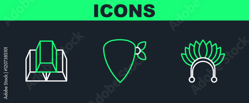 Set line Indian headdress with feathers, Gold bars and Cowboy bandana icon. Vector