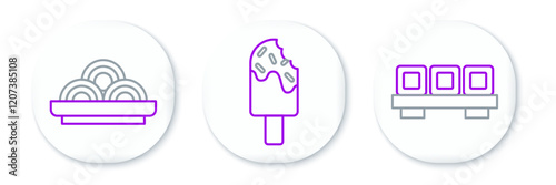 Set line Sushi on cutting board, Asian noodles bowl and Ice cream icon. Vector
