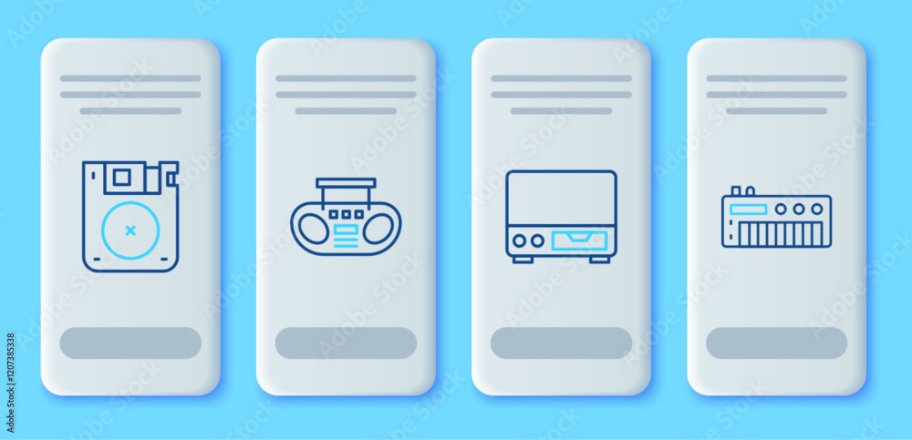 Set line Home stereo with two speakers, Old video cassette player, Floppy disk and Music synthesizer icon. Vector Set line Home stereo with two speakers, Old video cassette player, Floppy disk and Music synthesizer icon. Vector