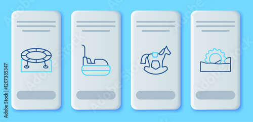 Set line Bumper car, Horse in saddle swing, Jumping trampoline and Ferris wheel icon. Vector