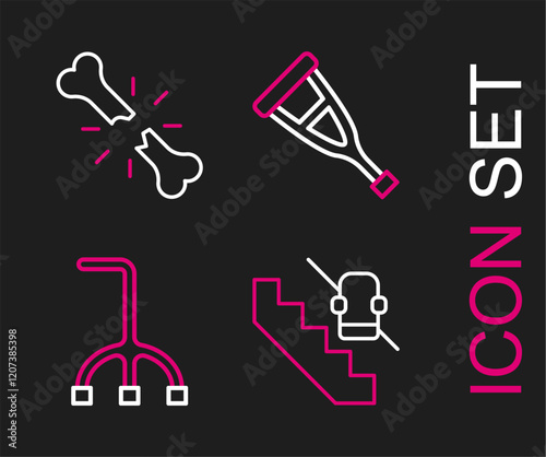 Set line Disabled elevator, Walking stick cane, Crutch crutches and Human broken bone icon. Vector
