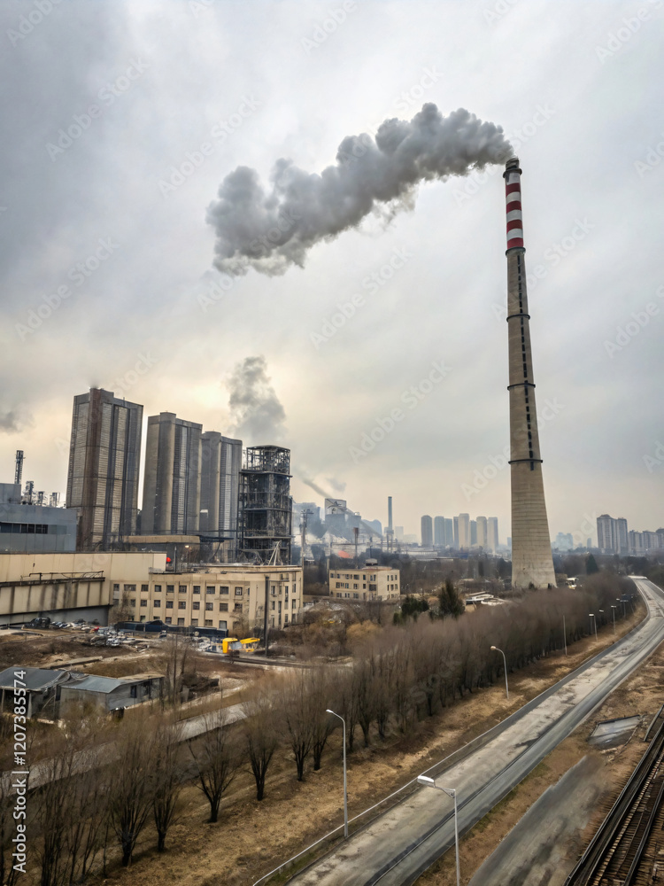 Industrial landscape with smokestack emitting clouds of smoke Industrial landscape with smokestack emitting clouds of smoke