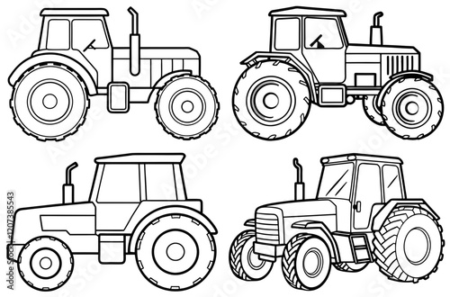 set of Tractor machines line art vector illustration