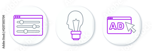 Set line Advertising, Browser setting and Light bulb with concept of idea icon. Vector