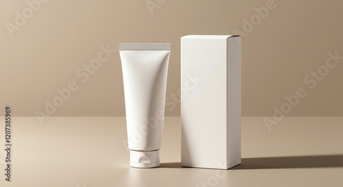 Clean mockup of a cosmetic tube and box on a neutral background