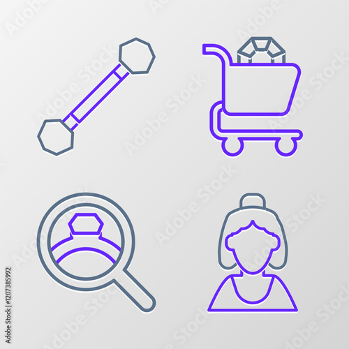 Set line Consultant of jewelry store, Diamond engagement ring, Jewelry online shopping and Piercing icon. Vector