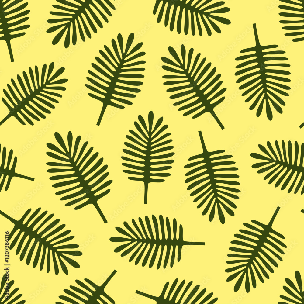 Fototapeta premium Seamless vector pattern with green palm leaves with yellow background. Tropical ornament.