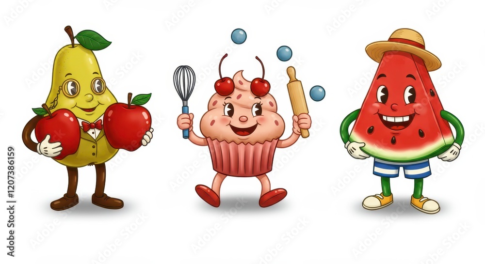 Fototapeta premium Whimsical fruit and pastry characters with pear, cupcake, and watermelon illustrations